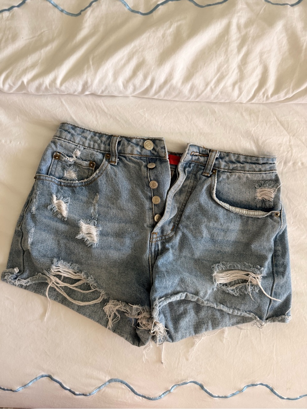 Signature8 Light Blue Distressed Denim Button-Front Shorts
